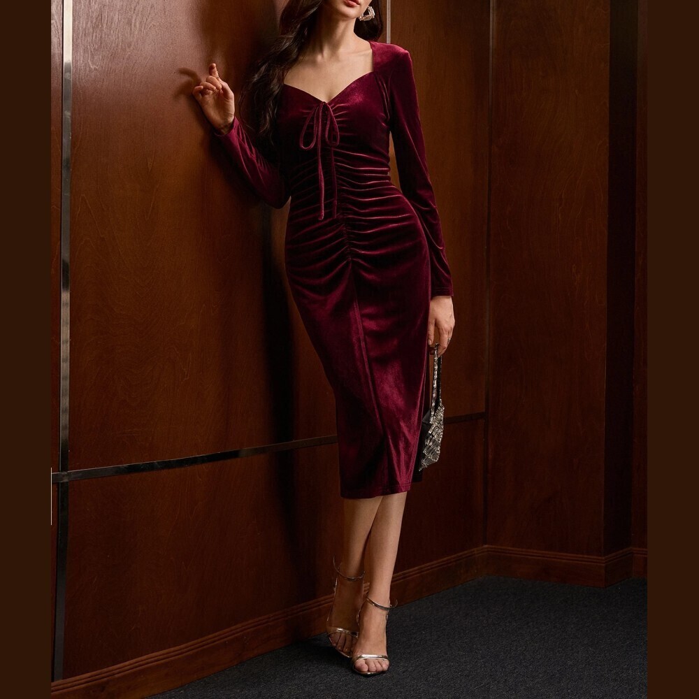 Burgundy Velvet Sweetheart Tie Front Ruched Long Sleeve Midi Dress